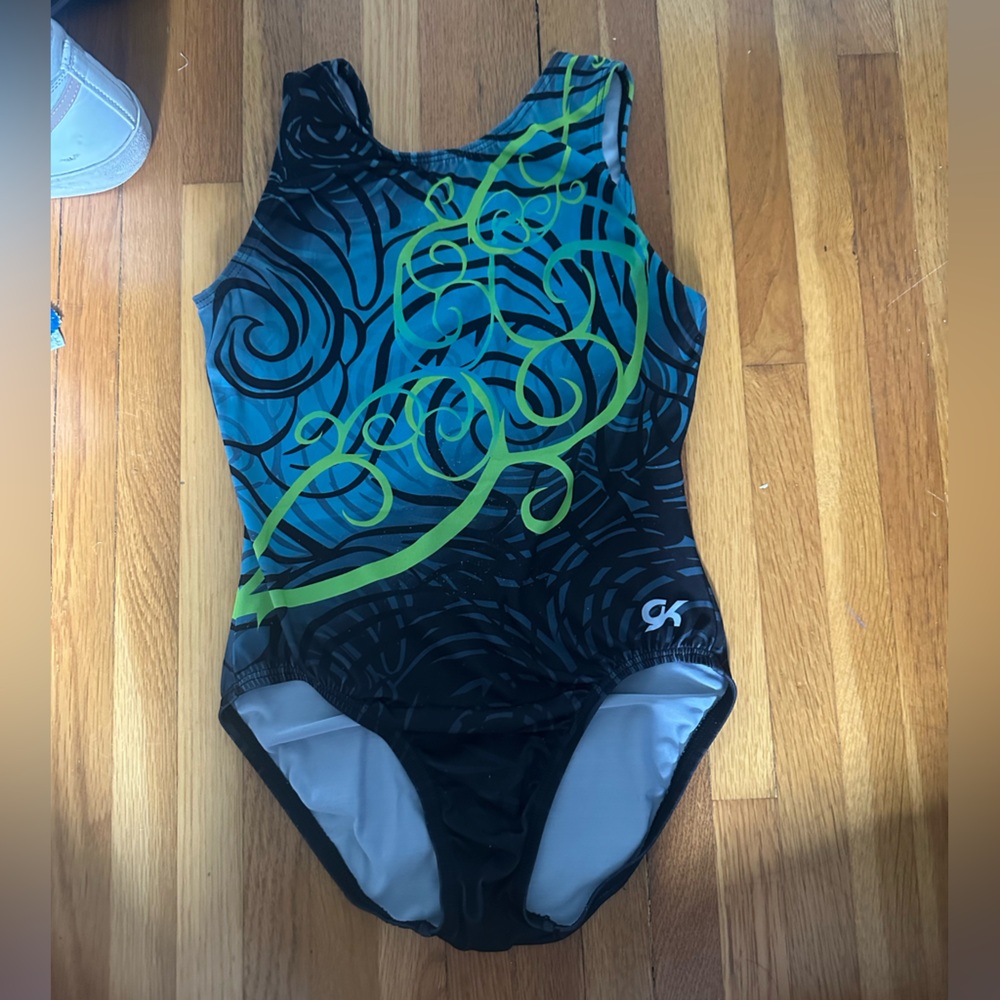 Black and Blue Swirl Pattern gymnastics leotard